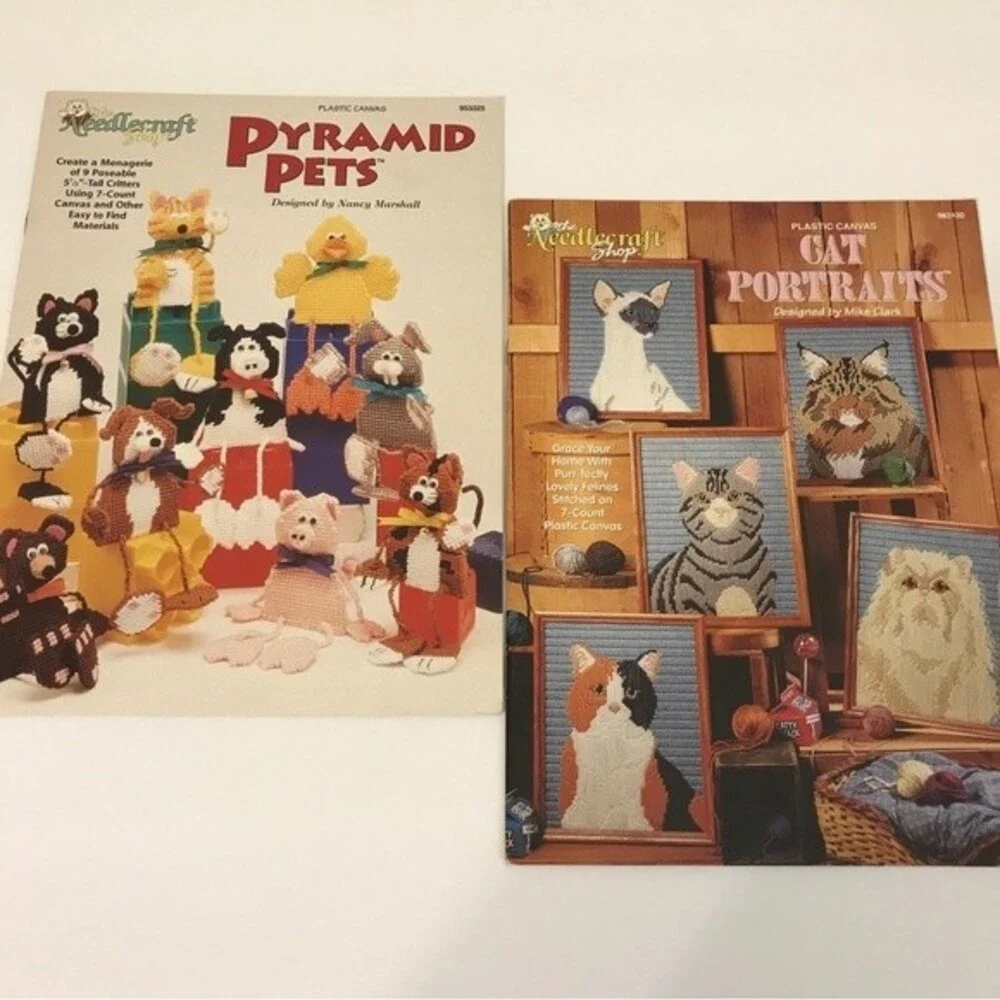 Vintage Plastic Canvas Instruction Booklets Cat Portraits and Poseable Pets
